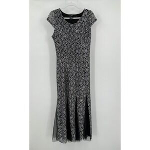 Womens Maxi Mermaid Gown Size M Black Silver Lace Evening Dress Old Money Prom